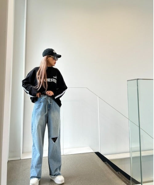 ipugo/イプゴ 紐ベルトオーバサイズダメージデニム