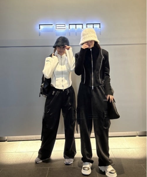 ライン起毛ジップアップトップス