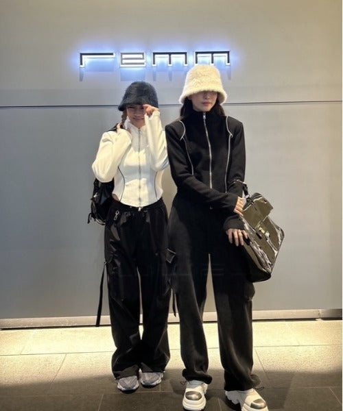 ライン起毛ジップアップトップス