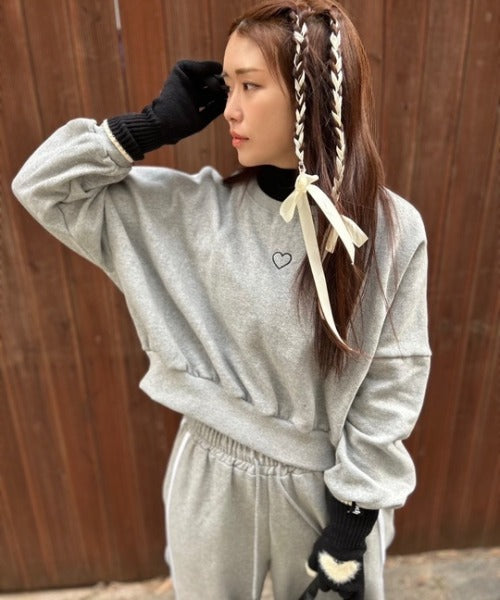 裏起毛ハート刺繍クロップド丈スウェット