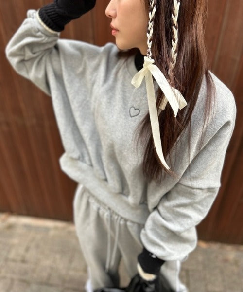 裏起毛ハート刺繍クロップド丈スウェット