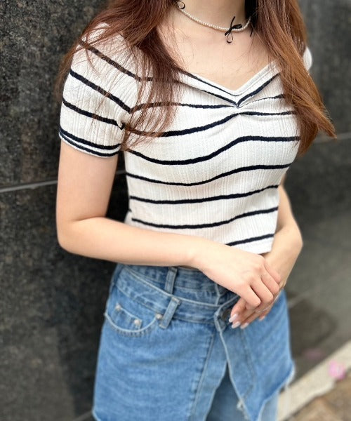 ボーダーリブクロップド Tシャツ