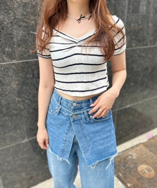 ボーダーリブクロップド Tシャツ