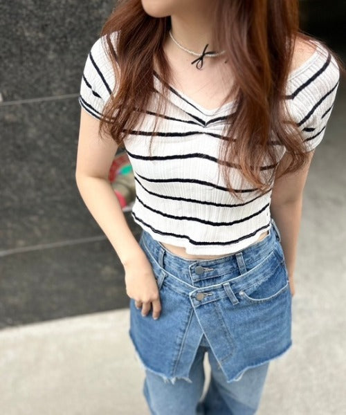 ボーダーリブクロップド Tシャツ