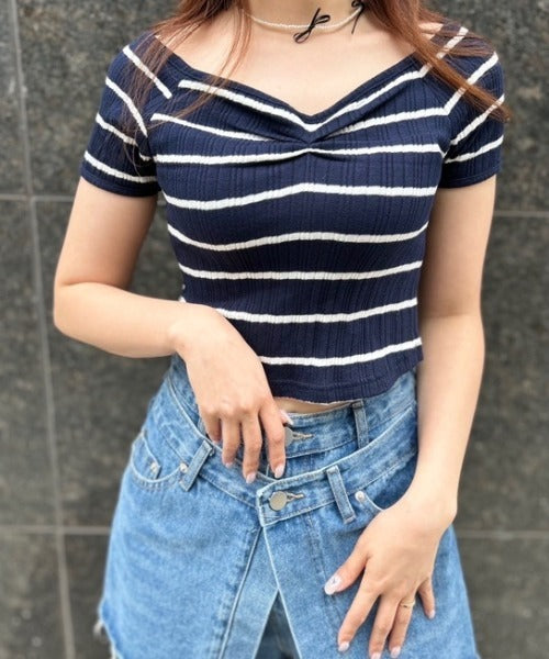 ボーダーリブクロップド Tシャツ