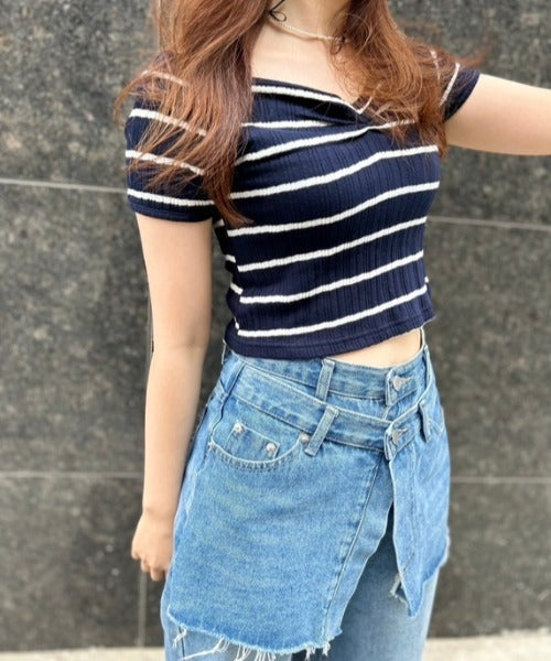 ボーダーリブクロップド Tシャツ