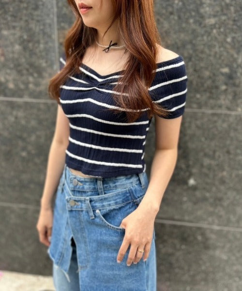 ボーダーリブクロップド Tシャツ