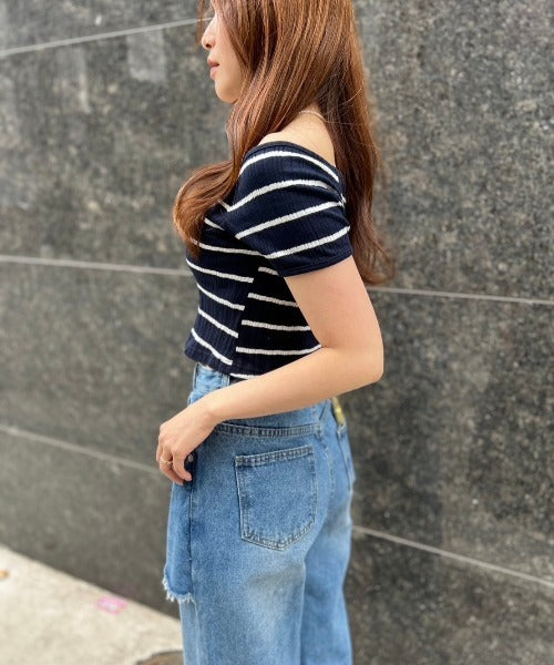 ipugo/イプゴ ボーダーリブクロップド Tシャツ