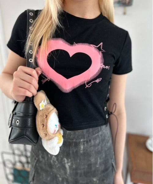 ハートレースアップ クロップドTシャツ
