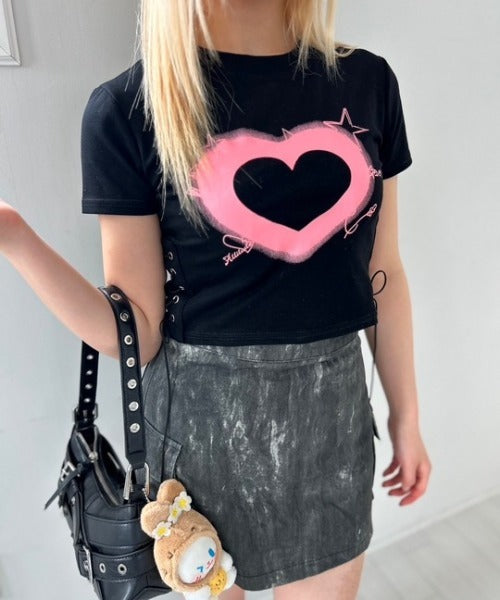 ハートレースアップ クロップドTシャツ