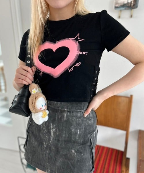 ハートレースアップ クロップドTシャツ