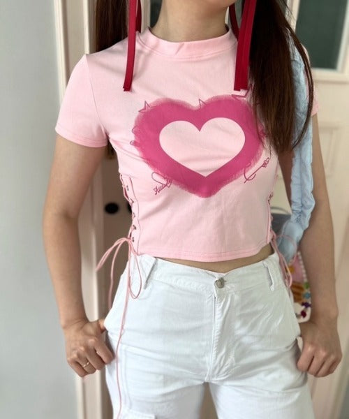 ハートレースアップ クロップドTシャツ