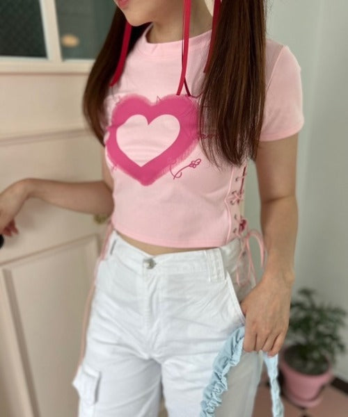 ハートレースアップ クロップドTシャツ