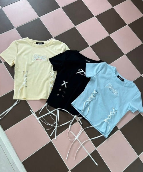 ipugo/イプゴ リボン刺繍 クロップドTシャツ