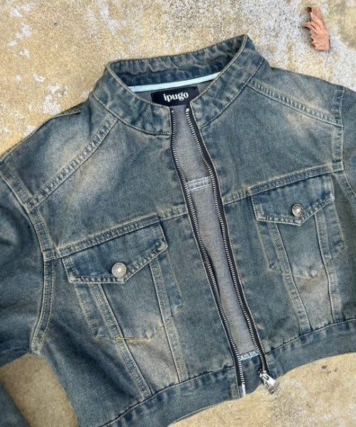 ipugo/イプゴ ダメージ加工 クロップド丈 デニムジャケット