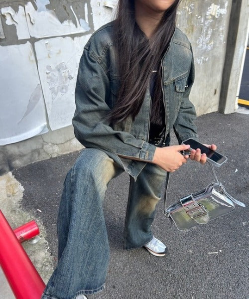 ダメージ加工 クロップド丈 デニムジャケット