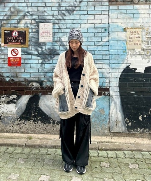 ipugo/イプゴ ユニセックスオーバーサイズ デニムポケット ニットカーディガン