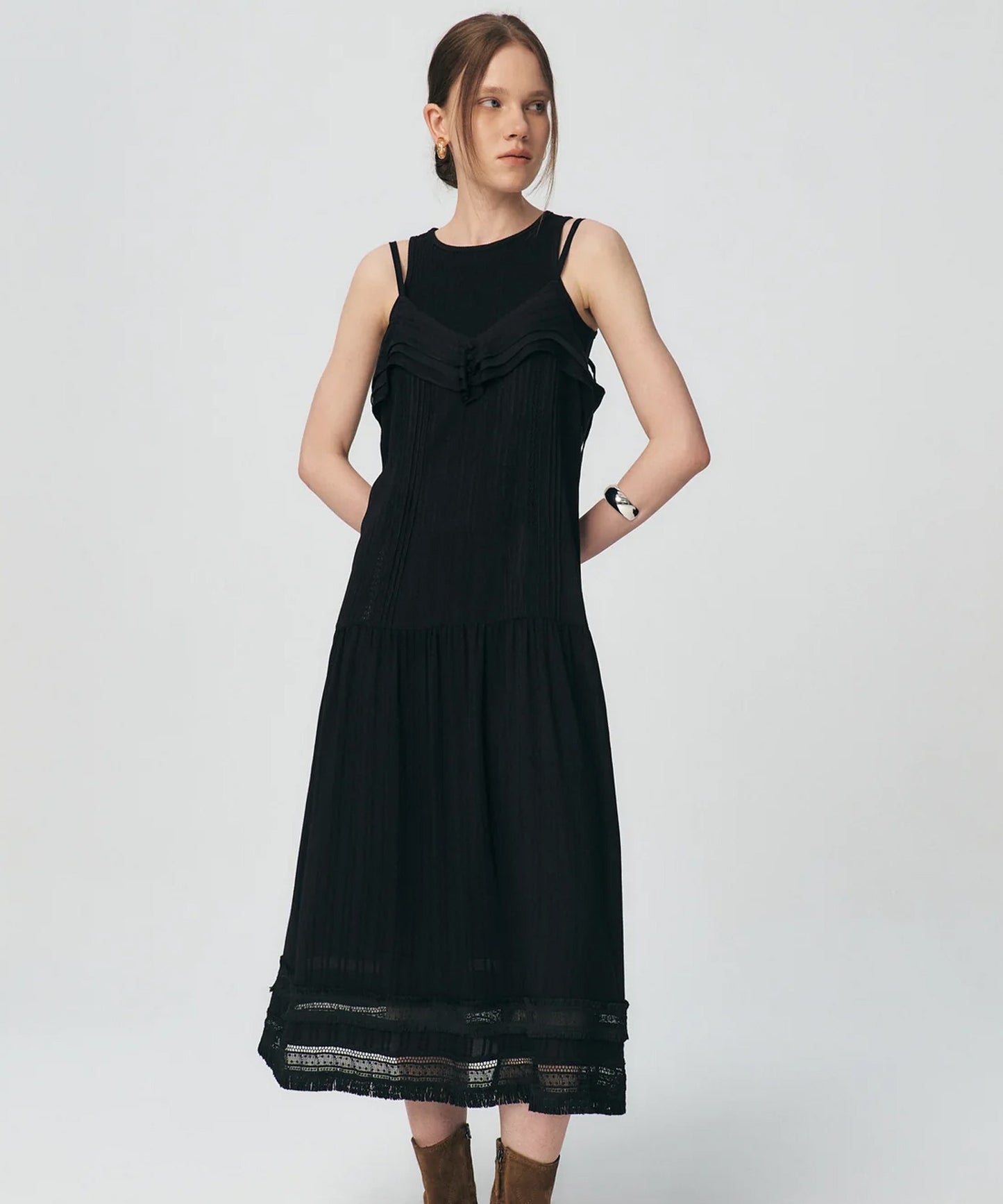 Pleated Ruffle Sleeveless Long Dress