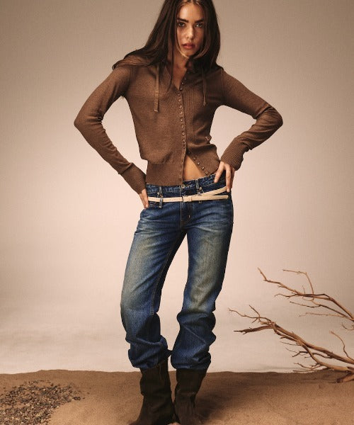 DOUBLE BELTED BOOTS CUT DENIM JEANS