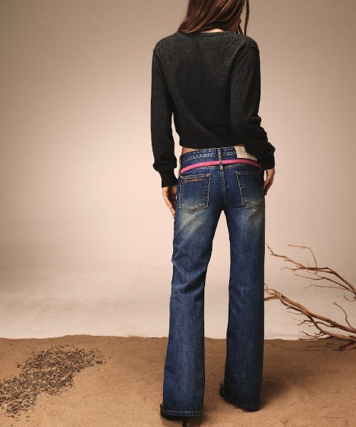 DOUBLE BELTED BOOTS CUT DENIM JEANS
