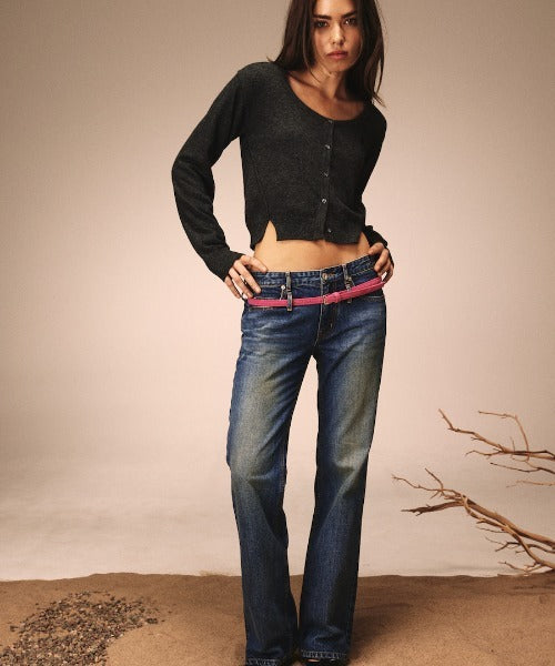 DOUBLE BELTED BOOTS CUT DENIM JEANS