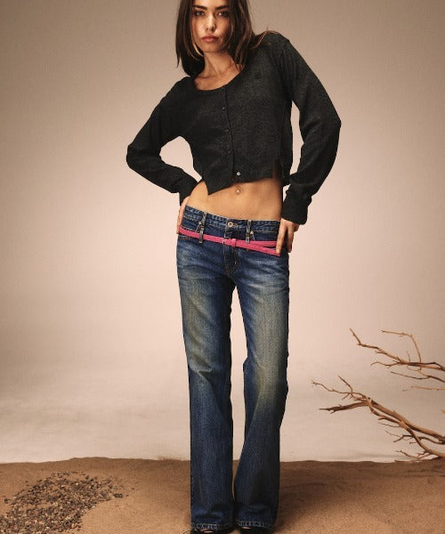 DOUBLE BELTED BOOTS CUT DENIM JEANS