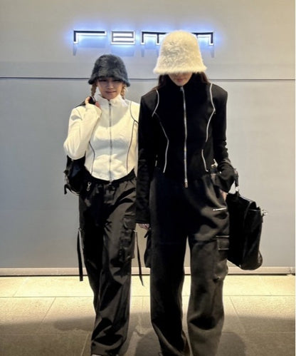 ライン起毛ジップアップトップス