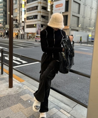 ライン起毛ジップアップトップス
