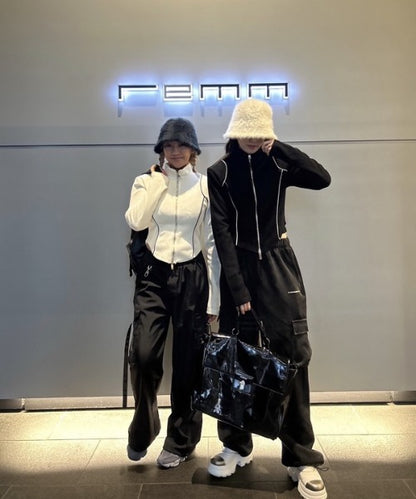 ライン起毛ジップアップトップス