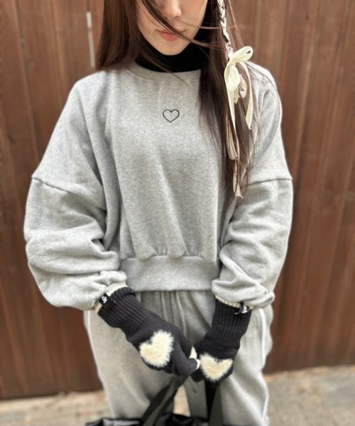 裏起毛ハート刺繍クロップド丈スウェット