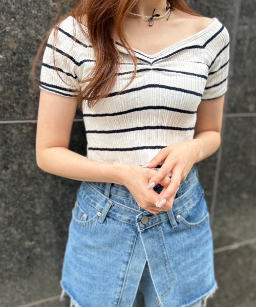ボーダーリブクロップド Tシャツ