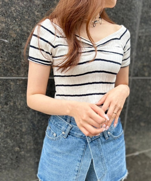 ボーダーリブクロップド Tシャツ