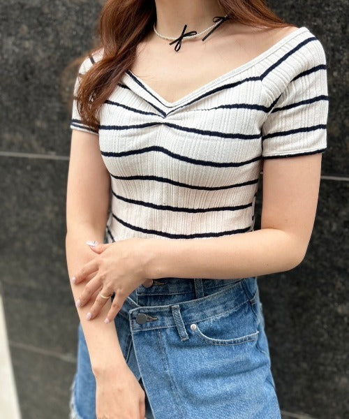 ボーダーリブクロップド Tシャツ