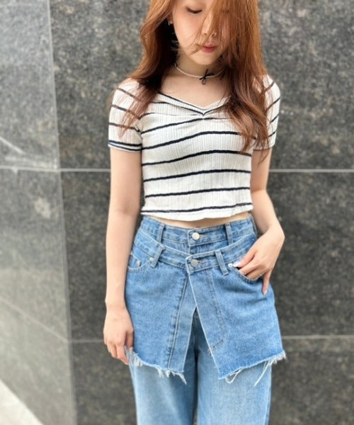 ボーダーリブクロップド Tシャツ