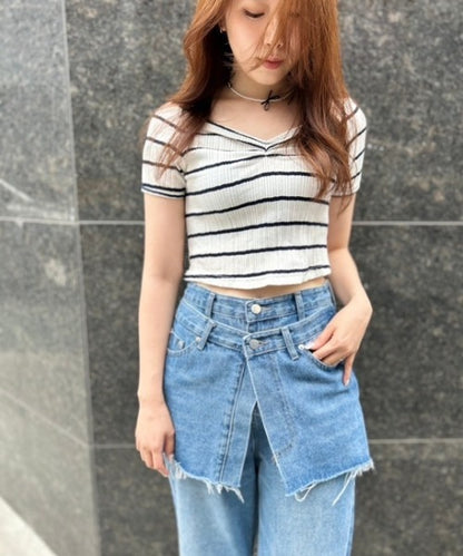 ボーダーリブクロップド Tシャツ