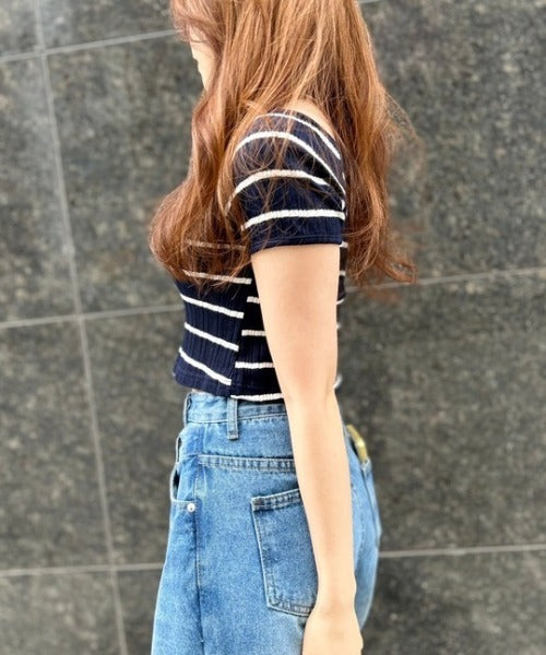 ボーダーリブクロップド Tシャツ