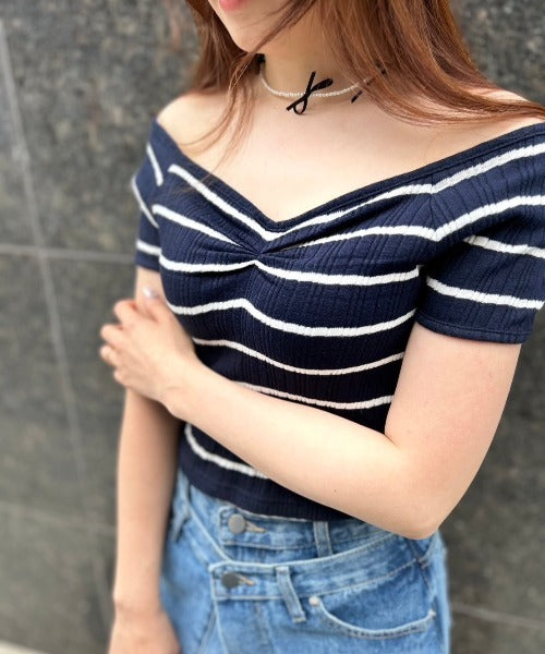 ボーダーリブクロップド Tシャツ