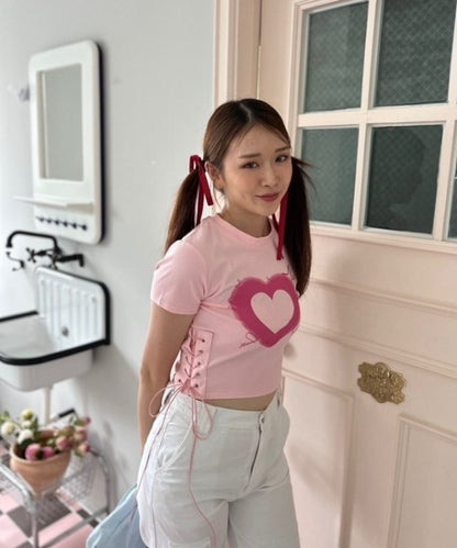 ハートレースアップ クロップドTシャツ