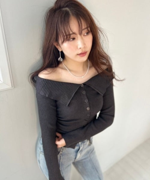 リブボタン オフショルダー