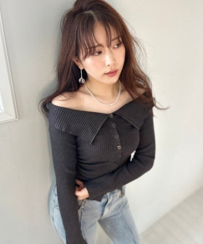 リブボタン オフショルダー