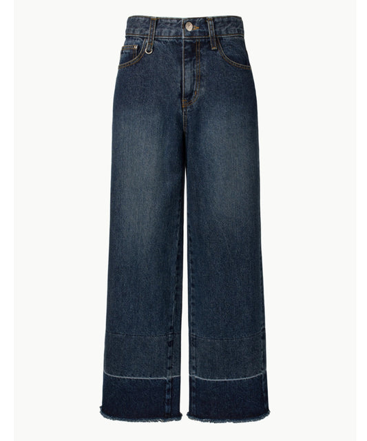 Lower Hem Washed Semi-Wide Denim Pants