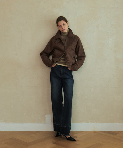 Lower Hem Washed Semi-Wide Denim Pants