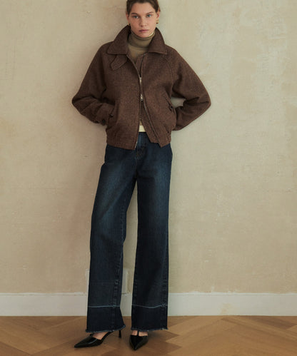 Lower Hem Washed Semi-Wide Denim Pants