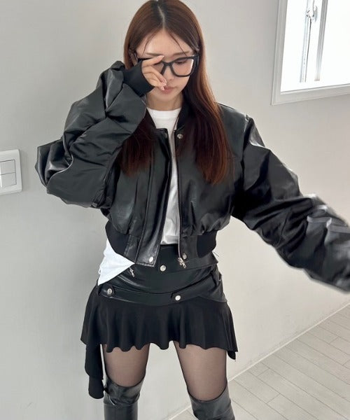ミニ丈 レザーアシメスカート