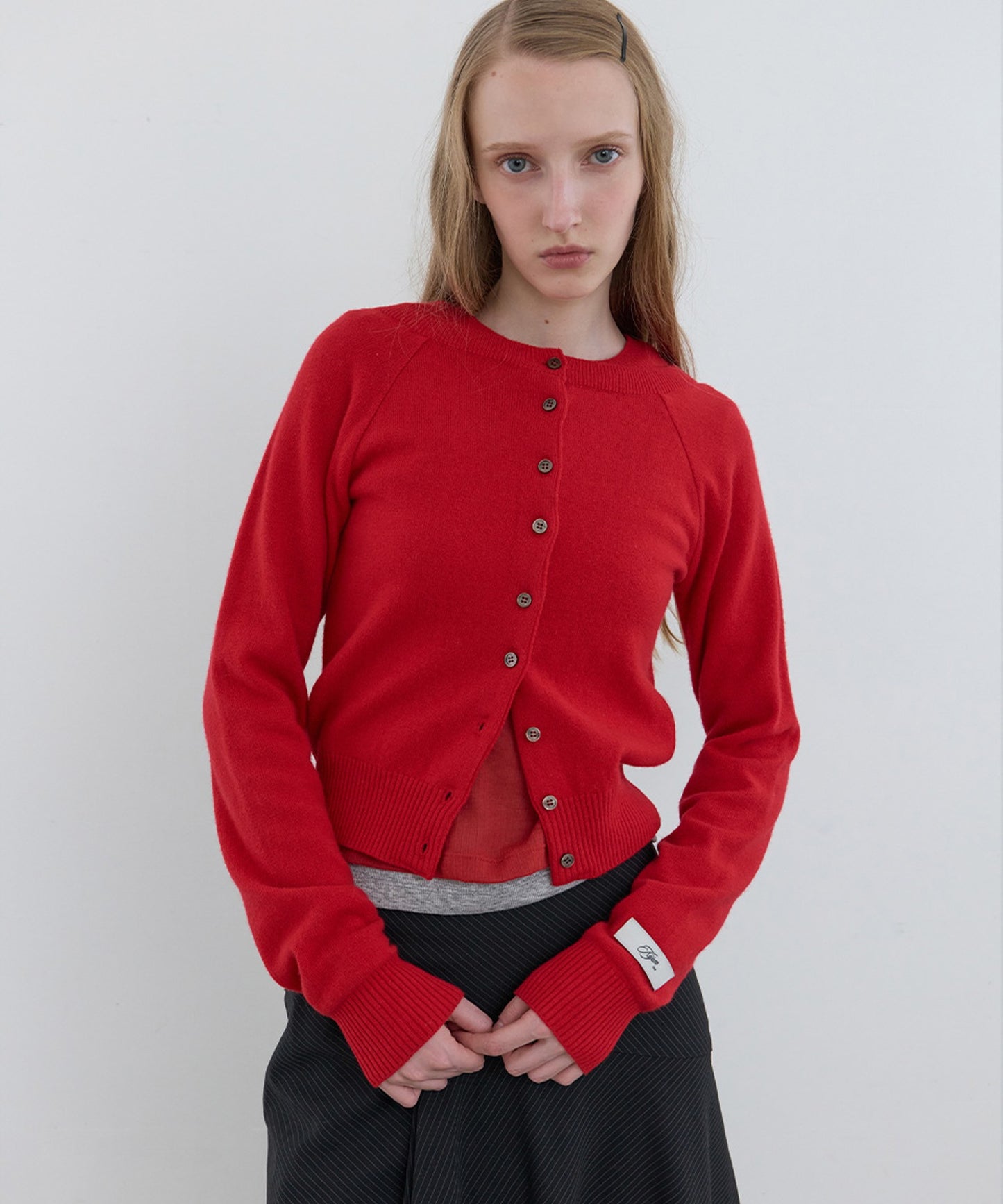 Kijun/キジュン Double Neck Knit Cardigan 重ね着風 ショート丈 ウールニットカーディガン