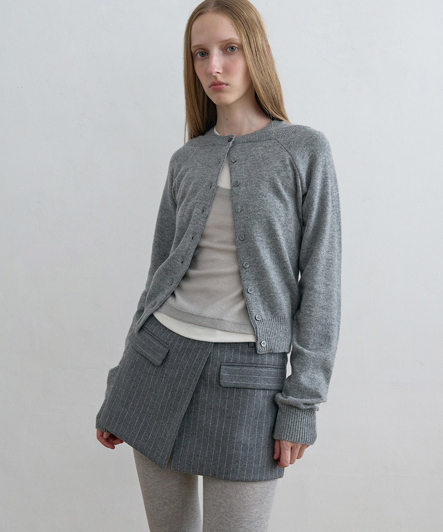 Kijun/キジュン Double Neck Knit Cardigan 重ね着風 ショート丈 ウールニットカーディガン