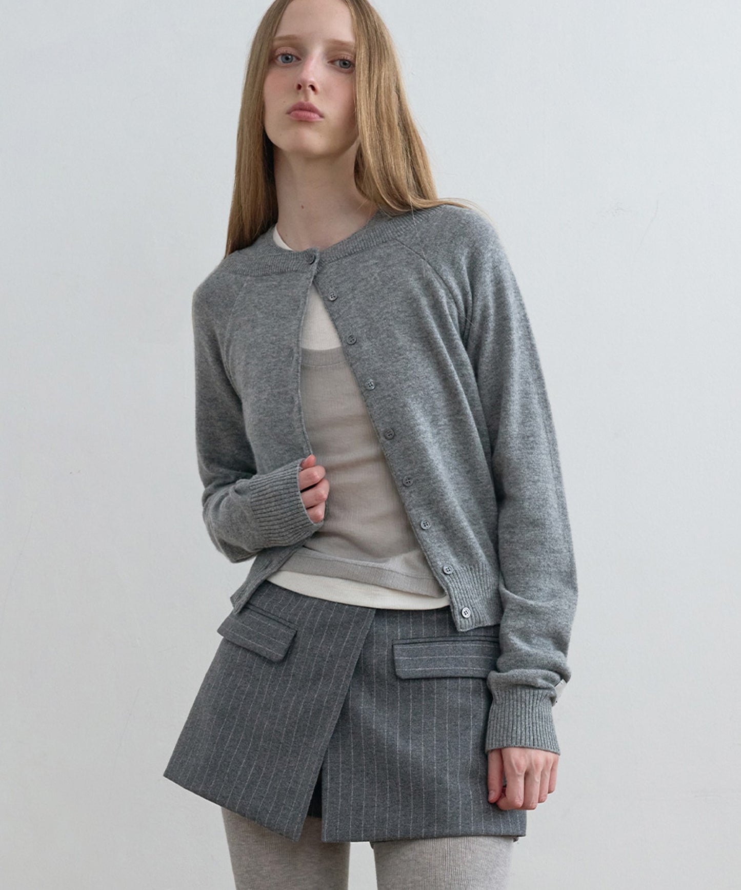 Kijun/キジュン Double Neck Knit Cardigan 重ね着風 ショート丈 ウールニットカーディガン