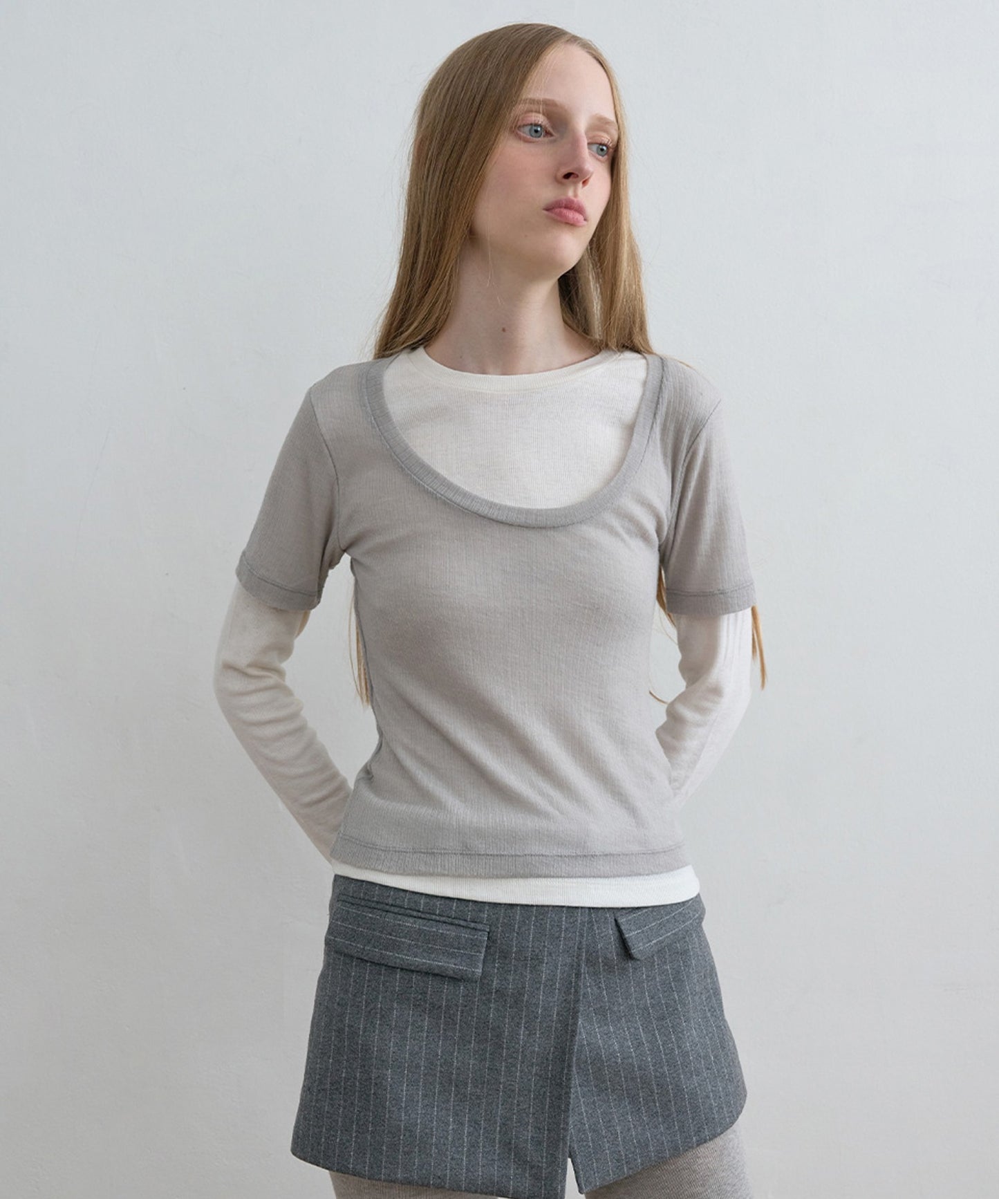 Kijun/キジュン Layered Jersey Top ショート丈 フェイクレイヤード ウールカットソー