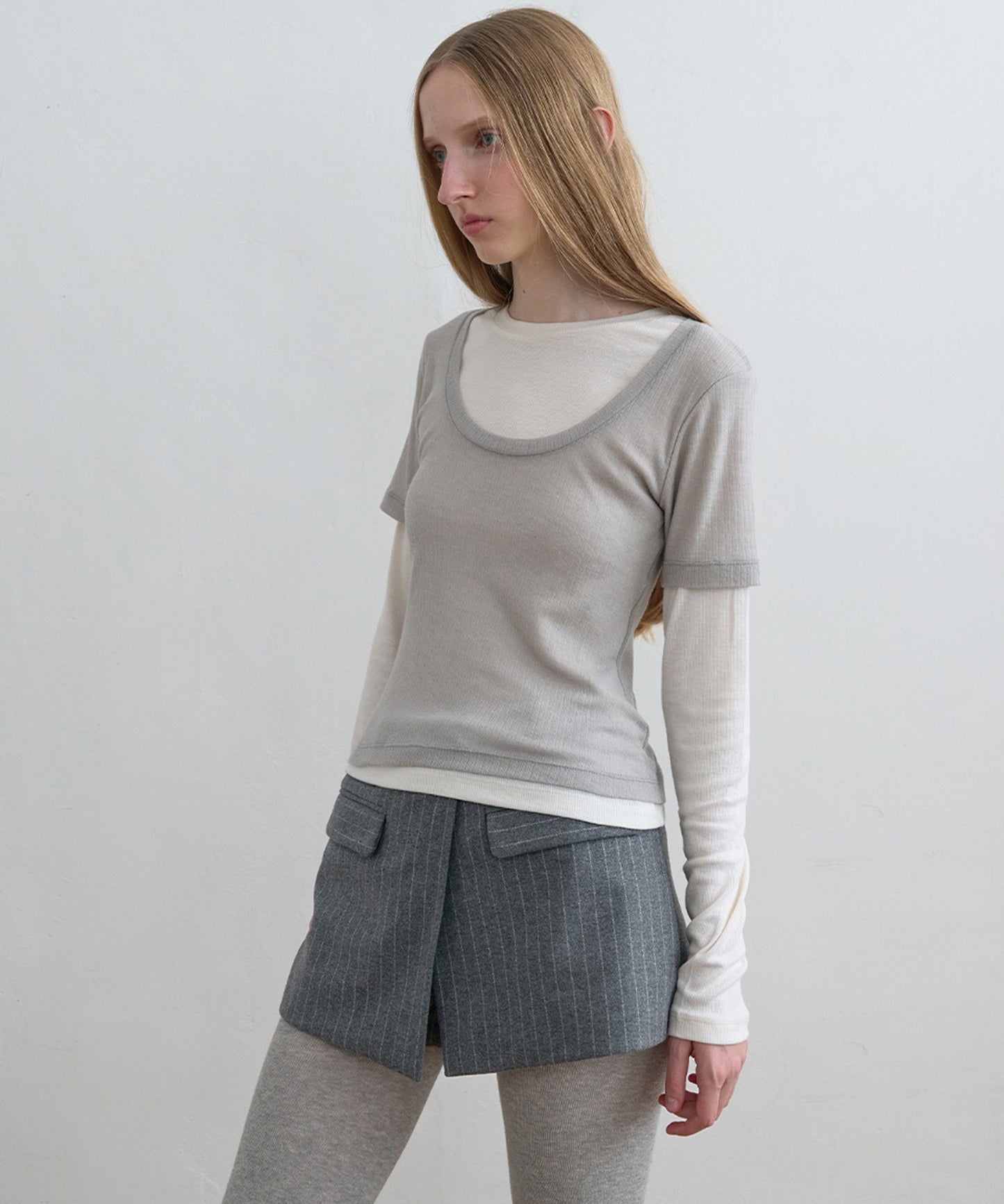 Kijun/キジュン Layered Jersey Top ショート丈 フェイクレイヤード ウールカットソー