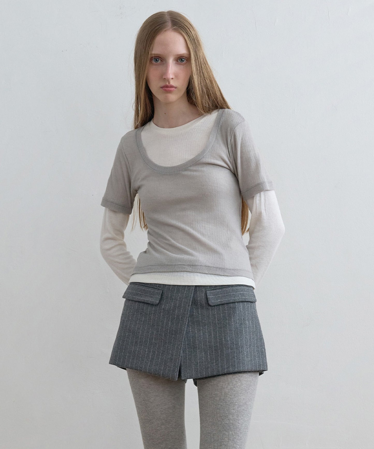 Kijun/キジュン Layered Jersey Top ショート丈 フェイクレイヤード ウールカットソー